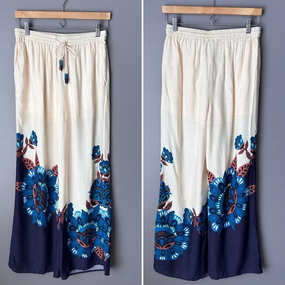 FARM RIO X Anthropologie Floral Print Martina Pants Women's S Blue Wide-Leg NWT - Picture 4 of 13